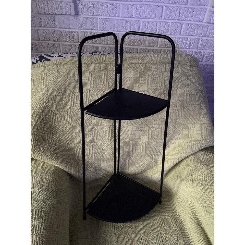 Minimalist Folding 2 Tier Shelf Black Metal Bathroom Kitchen Plant Stand 25.5"